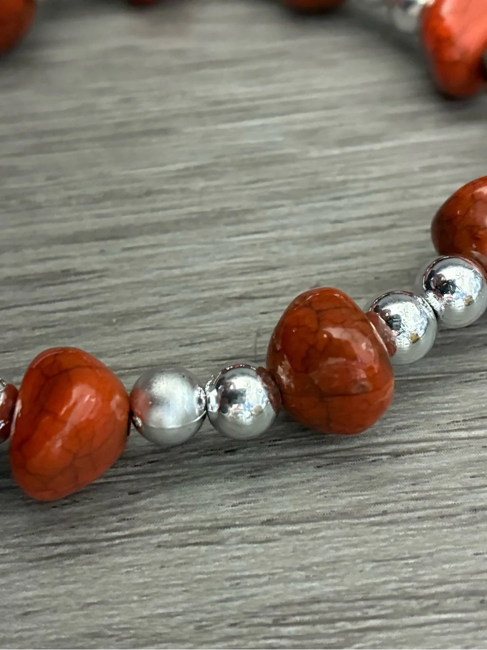 Red Stone Bead Bracelet with Silver Beads